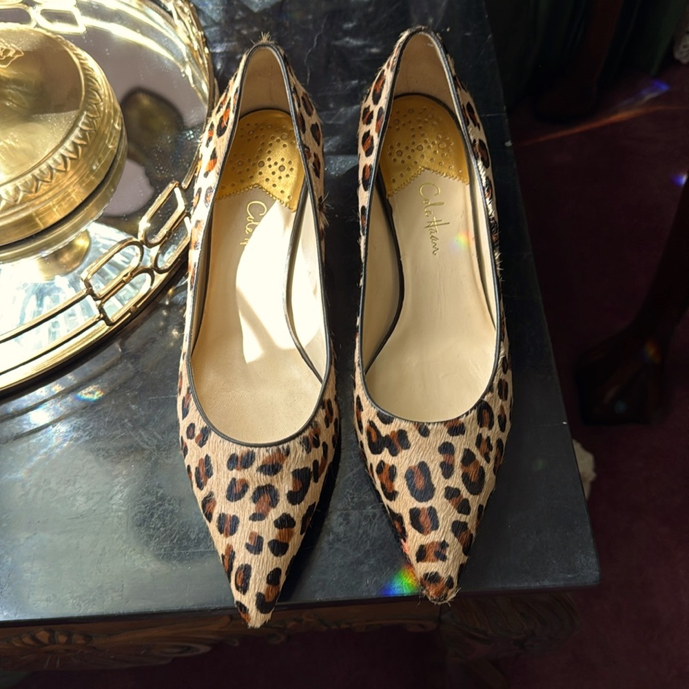 Cole Haan Pony Hair Leopard Kitten heel Pumps with Nike Air Sole.